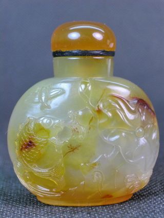 Fine Chinese Carp Lotus Flower Carved Natural Agate Snuff Bottle photo