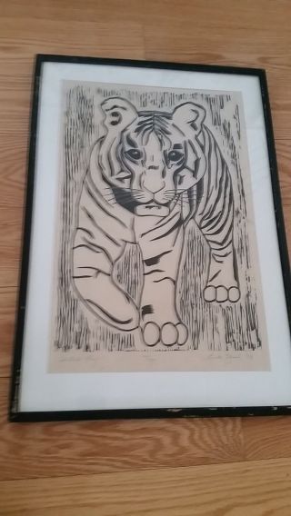 Vintage Tiger Woodblock Print Signed Erka Zeisel Black White 1973 23 