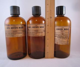 Of 3 Vintage Merck Amber Brown Glass Chemical Bottles - Anchor Hocking photo