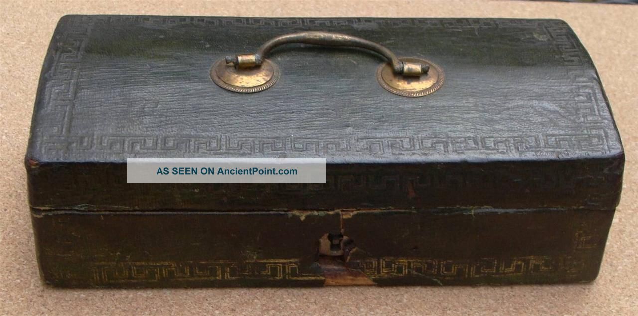 Antique American Primitive Leather Dome - Top Wooden Box,  ,  19th Century Boxes photo