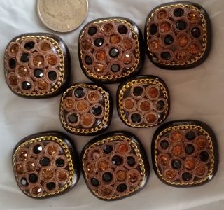 A6 Set Of 8 Vintage Plastic Buttons W/ Gold Chain Brown & Gold Paste Candies photo
