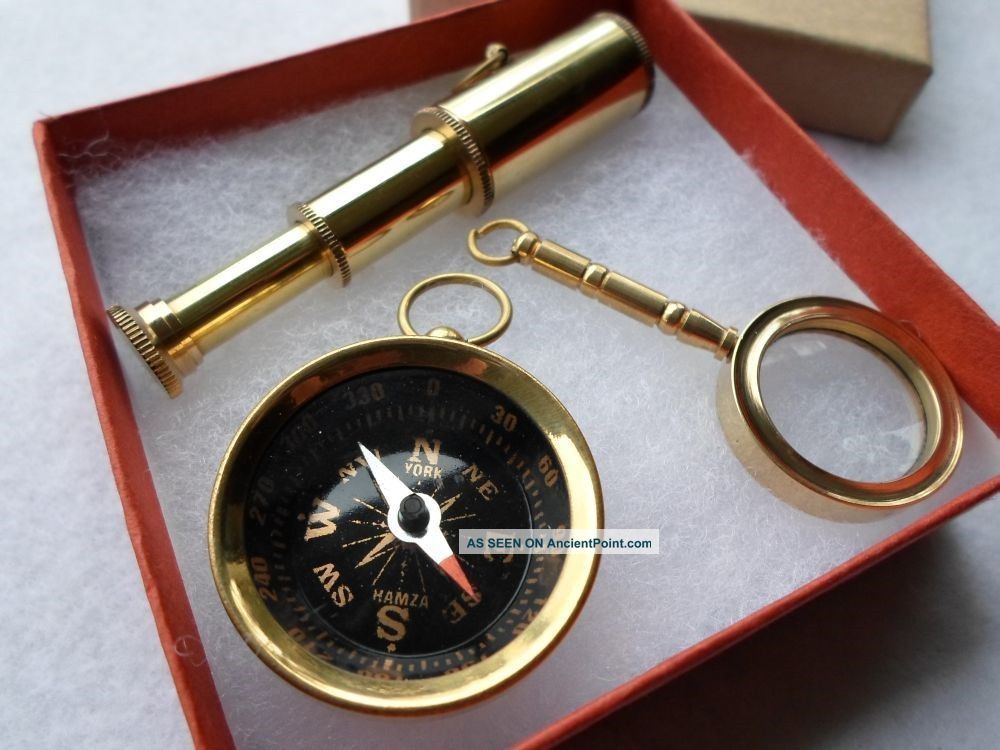Brass Telescope,  Compass,  Magnifying Glass Gift Set W/ Box Pendant,  Keychain Telescopes photo