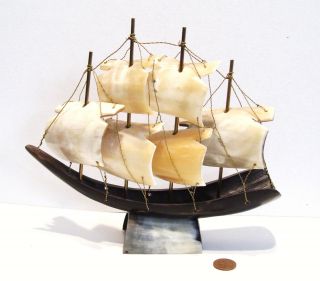 Vintage Ox Horn Carved Sailing Ship Sculpture Italy Mid Century 6 Sails Folk Art photo