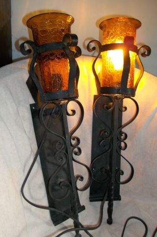 Vtg 1920 - 1940 Sconces Black Iron Lamps Spanish Mission Gothic Hand Made Mexico photo