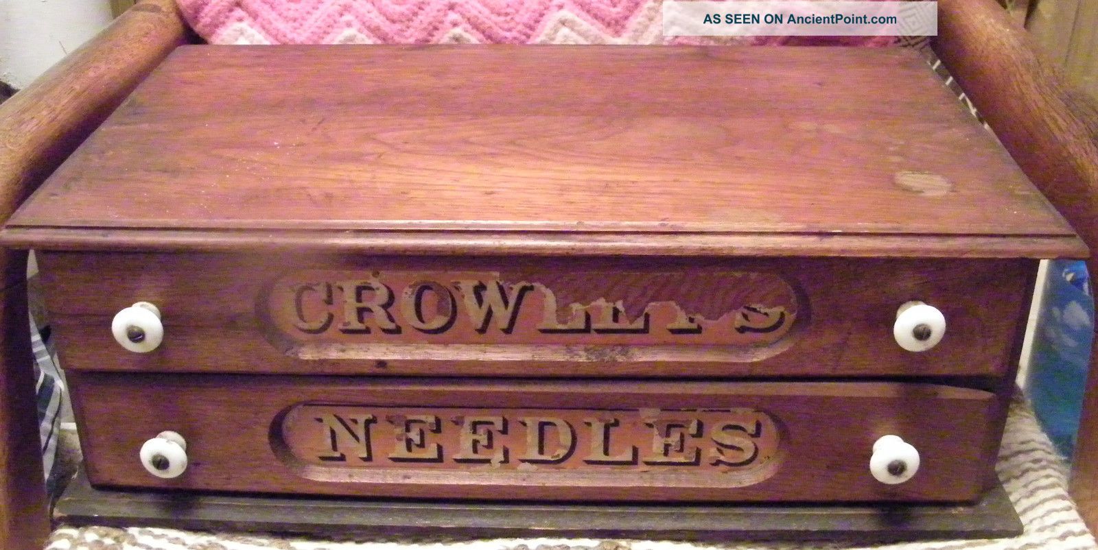 Antique Thread Spool Box - Crowell ' S Needles 2 Drawers - Porclein Knobs Oak Case 1800-1899 photo