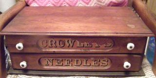 Antique Thread Spool Box - Crowell ' S Needles 2 Drawers - Porclein Knobs Oak Case photo