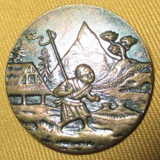 Antique French Tight Metal Picture Button - Blue Tint Oriental Man Flying Kite photo