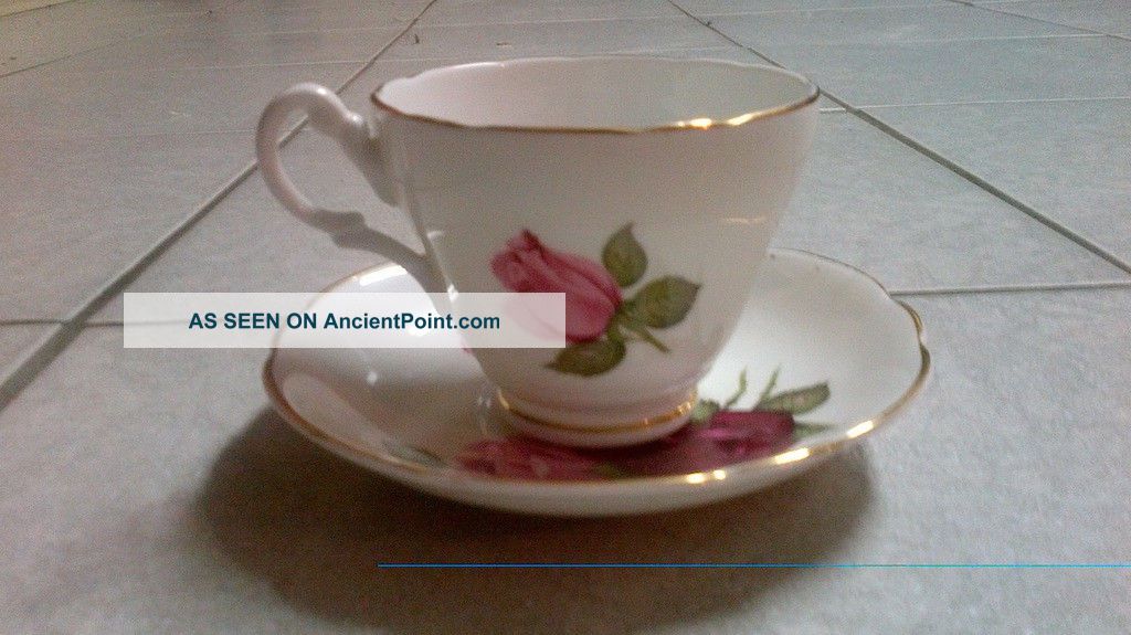 English Bone China Set Cup & Saucer Pink & Red Rose Accented W/gold Trimming Cups & Saucers photo