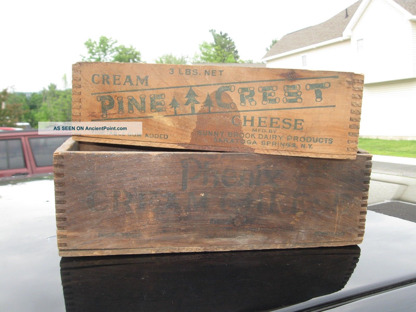 2 Vintage Wooden Dovetail Box Old Advertising Brook Dairy Saratoga Springs Boxes photo