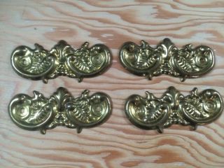 4 Solid Brass Vintage Stamped Draw Pull Back Plates 4” Long X 2 