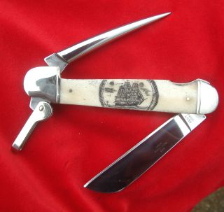 Scrimshaw Side View Tall Ship,  Ropes,  Marlin Spike,  Rigging Folding Knife/knives photo