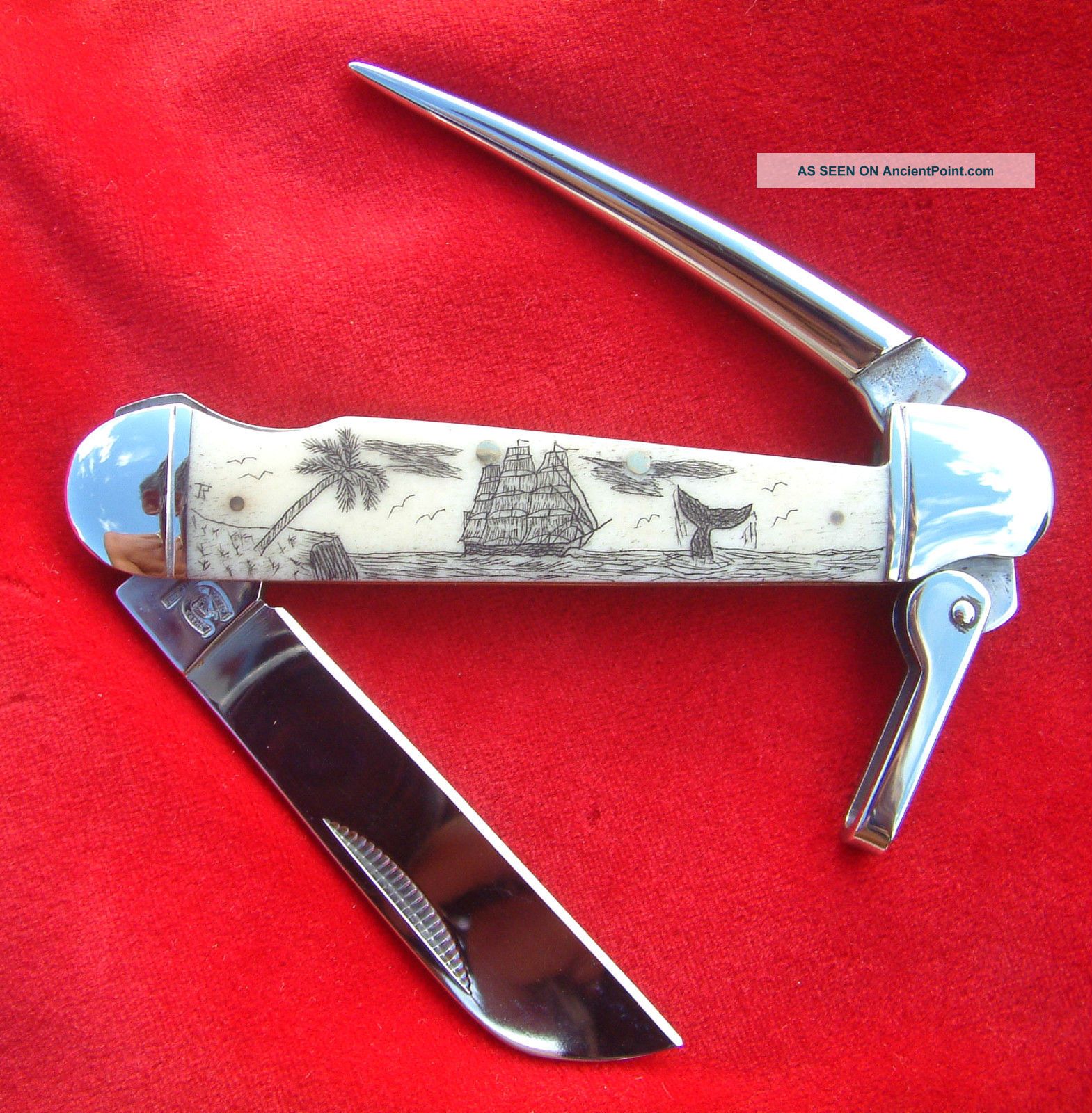 Scrimshaw Ship,  Palm,  Whale,  Marlin Spike,  Rigging Folding Knife/knives Scrimshaws photo