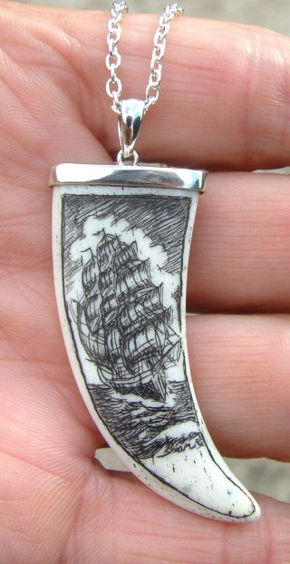 Scrimshaw Ship,  Tusk Shaped Carved Bone,  925 Sterling Silver,  Pendant/necklace photo