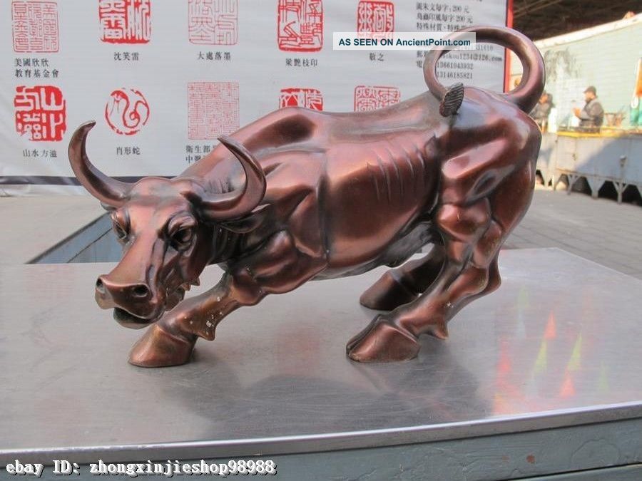 Chinese Red Bronze Carve Wall Street Wealth Bull Ox Lucky Feng Shui Statue Reproductions photo