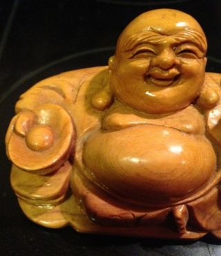 Laughing Buddha Hand Carved Solid Wood Happy Statue Smiling Asian photo