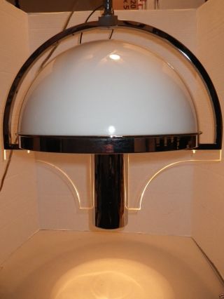 Vintage Mid Century Modern Chrome White Milk Glass Dome Mushroom Hanging Lamp photo