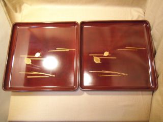 Japanese Wajima Gold Lacquer Wooden Tray 2pc - Set / Pine Tame - Nuri 