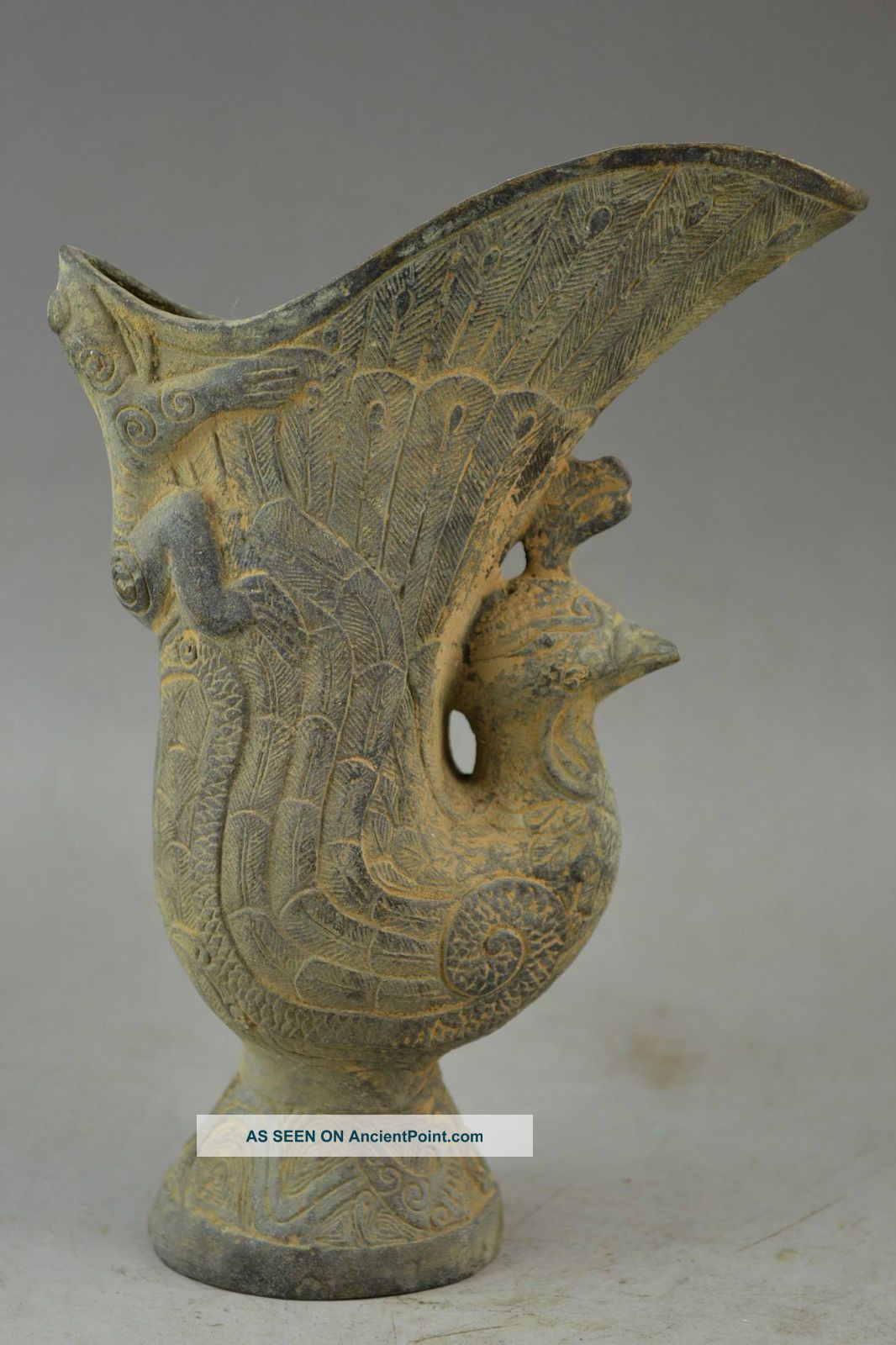 Chinese Ancient Handmade Bronze Carving Frog On Phoenix Big Cup Statue