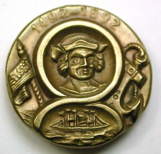 Antique Brass Button Christopher Columbus 400 Year Anniversary 11/16 photo