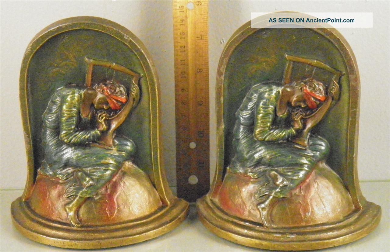 Antique Cast Iron Painted Polychrome Pair Bookends  Lost Hope  Marked K&o Metalware photo