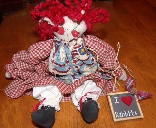 Primitive Raggedy Ann Doll Americana Usa Star Apron & I 3 Rabbits Chalkboard photo