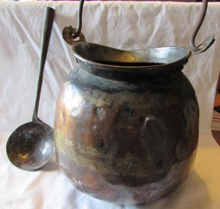 Antique 18th Century Copper Cauldron Pot And Ladle Maker ' S Mark Rare Primitive photo