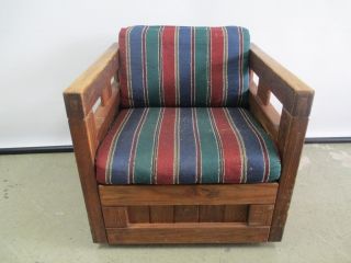 Vintage Cabin Style Pine Wood Chair Block Chair Rustic Lounge Chair Pine Chair photo