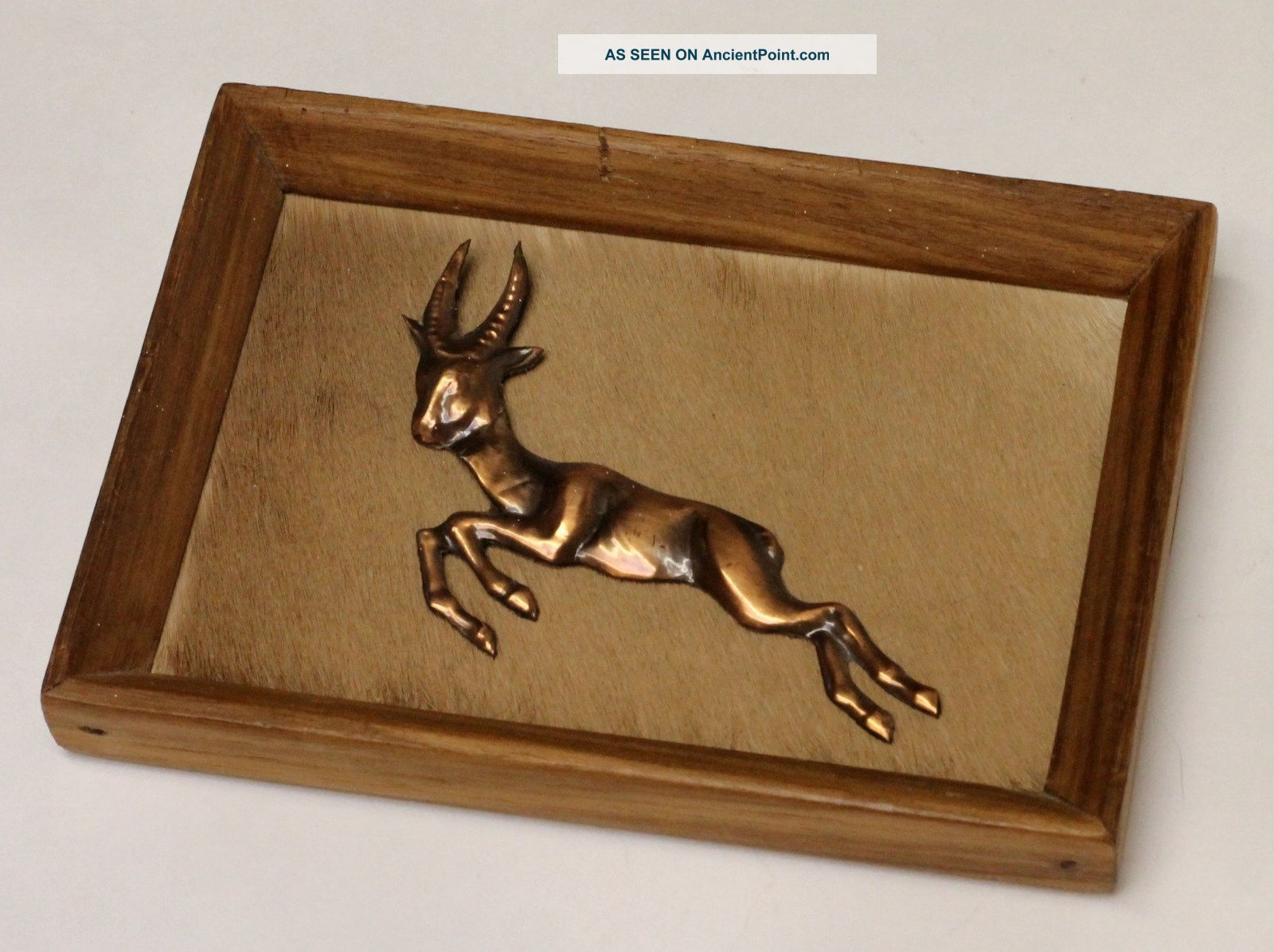 African Animal Skin W Molded Copper Gazelle Figurine Artwork In Frame Other photo