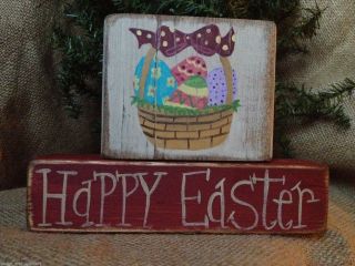 Primitive Country Easter Egg Basket Happy Easter Shelf Sitter Wood Block Set photo