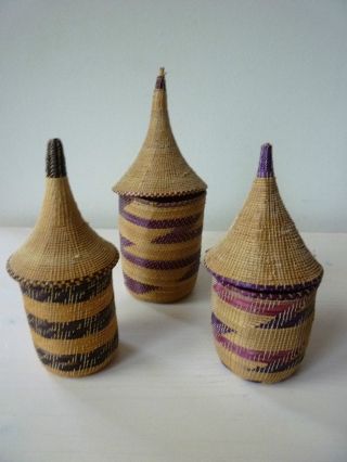Three Tutsi Rwanda Woven Fibre Baskets W/ Geometric Decoration,  20th Century photo