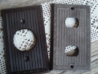 Antique Vtg Bakelite Deco Brown 2 Old Style Switch Covers Bamboo Edge Pattern photo