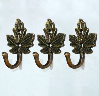 Of 3 Pcs Antique Vintage Hook Brass Autumn Leaf Wall Coat Hat Hanging Hooks photo