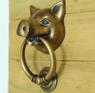5.  11 Inches Vintage Pig Head Piggy Front Brass Door Knocker With Pull Knocker photo
