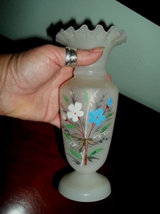 Antique Bristol Glass Vase Clam Broth Hand Enameled Flowers 7 7/8 Inch photo