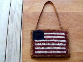 Primitive Hand Hooked Rug Ornament Hanging Hand Dyed Patriotic Flag Wool Aafa photo