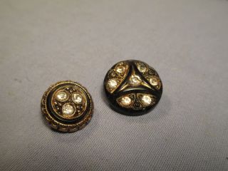 Old Czech Buttons - 2 W/ Rhinestones In Black Glass & Goldstone / Nv 122 photo