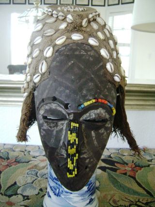 Auth.  Vintage Kuba Ngady Amwaash Wood Mask Cloth Headdress Cowrie Shells C.  1925 photo