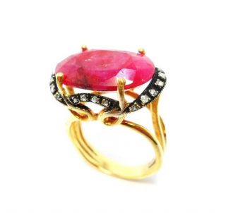 Rose Cut Diamond & Natural Ruby Gold Plated Antique Look Jewelry Ring Size 7 photo