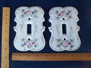 2 Collectible Antique Vtge Painted Floral Porcelain Switch Plates Single Toggle photo