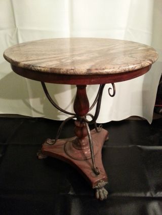 Vintage Marble Top Round Accent Table,  End Table With Paw Feet photo