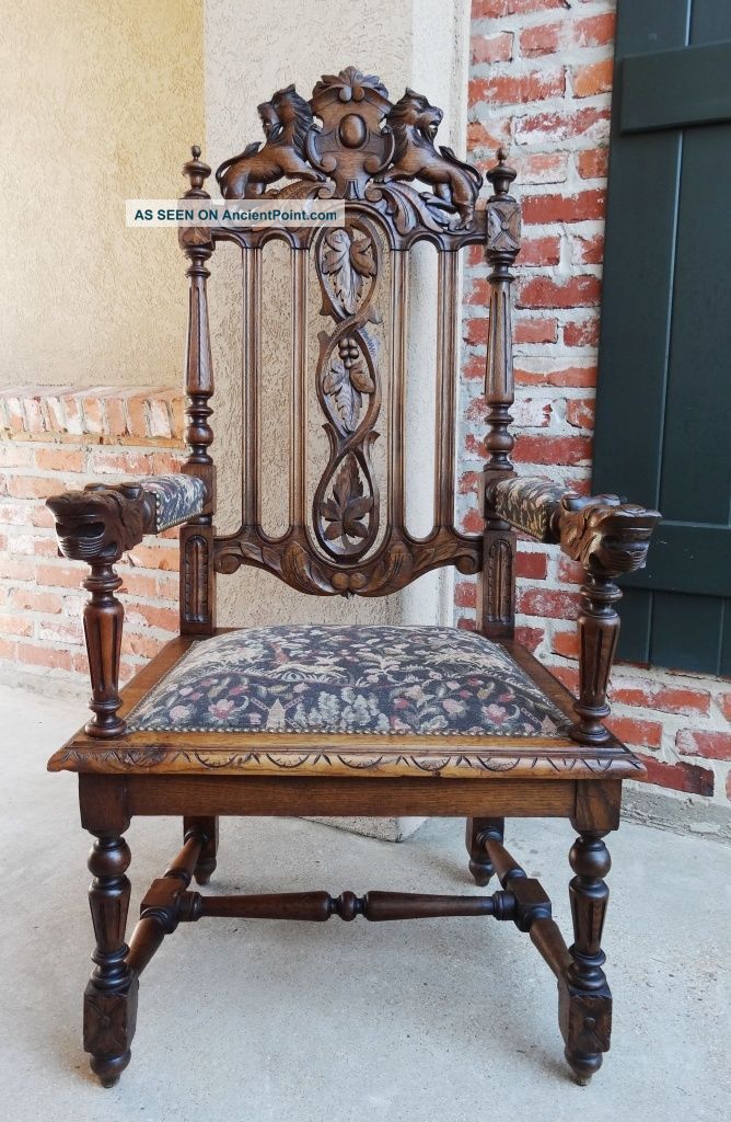 Antique French Renaissance Carved Lion Oak Fireside Throne Arm Chair Upholstery 1800-1899 photo