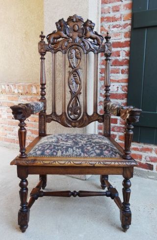 Antique French Renaissance Carved Lion Oak Fireside Throne Arm Chair Upholstery photo