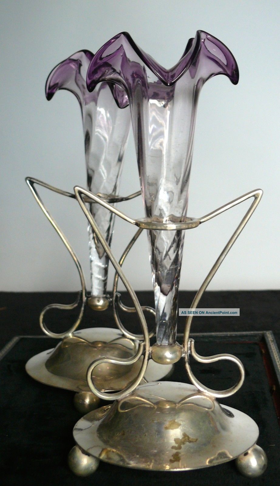 Art Deco Chrome Glass Amethysts Tulip Vases Period Art Deco photo
