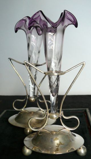 Art Deco Chrome Glass Amethysts Tulip Vases Period photo
