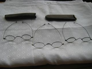 3 Pair Antique 1898 Long Arm Wire Rim Spectacles Eye Glasses 2 Leather Cases photo