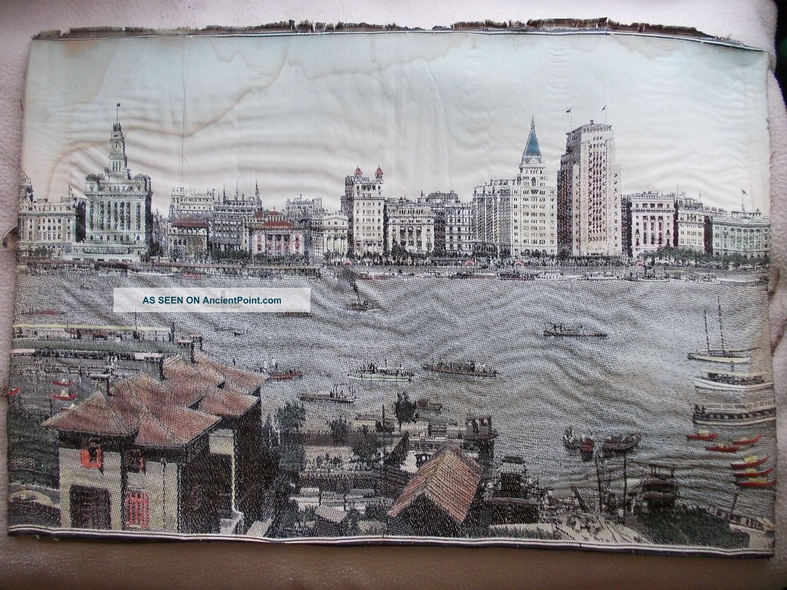 Chinese 1930s Silk Brocade Panorama Shanghai Bund China Unusual Paintings & Scrolls photo