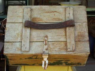 Primitive Wood Case Dovetail Tool Box Hinged Hasp Leather Belt Strap Handmade photo