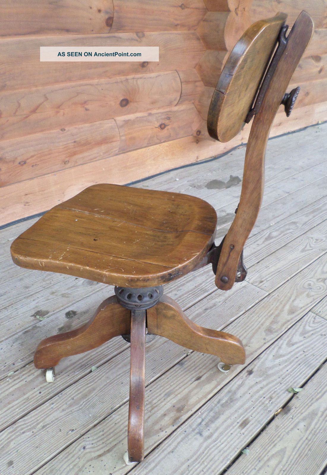 Unique Antique Adjustable Cast Iron And Oak Swivel,  Rolling Desk Chair 1900-1950 photo