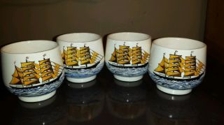 Saki Tea Cups Set 4 Hand Painted Signed By Artist Sail Ship Ocean Vintage photo