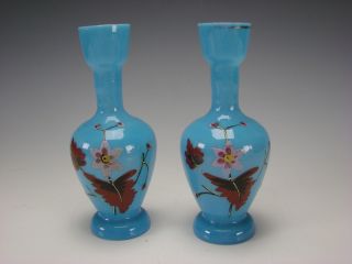 Antique Continental Bristol Opaque Opaline Blue Enamel Glass Vase Pair C1875 photo